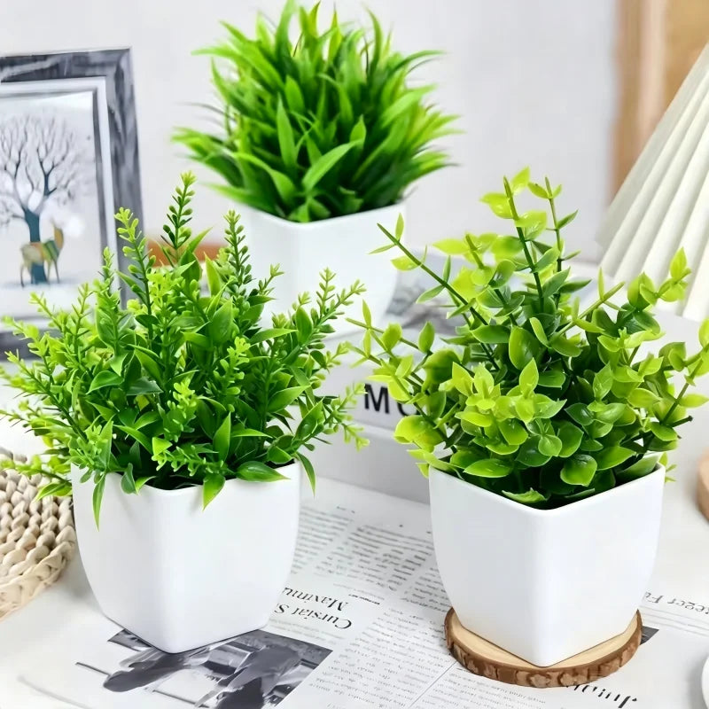 décoration intérieure plante artificielle eucalyptus bonsaï vert feuilles fines moderne sans entretien pot blanc