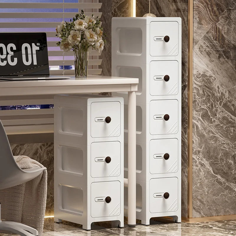 meuble rangement blanc moderne tiroirs transparents rayures diagonales noires pliable porte bouteilles cosmétiques