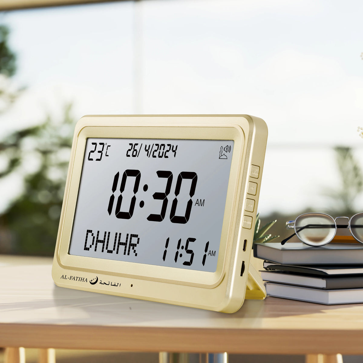 horloge numérique or noir moderne affichage heure date prière température İslam Dhuhr Fajr