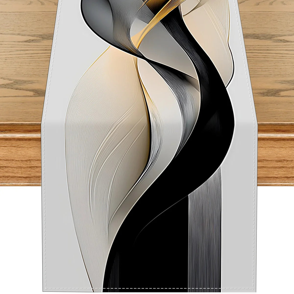 nappe moderne abstraite vagues courbes fluides blanc noir beige doré polyester maison décoration festive