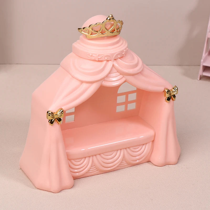 lit poupée princesse banc rose clair couronne rubans fenêtres blances résine