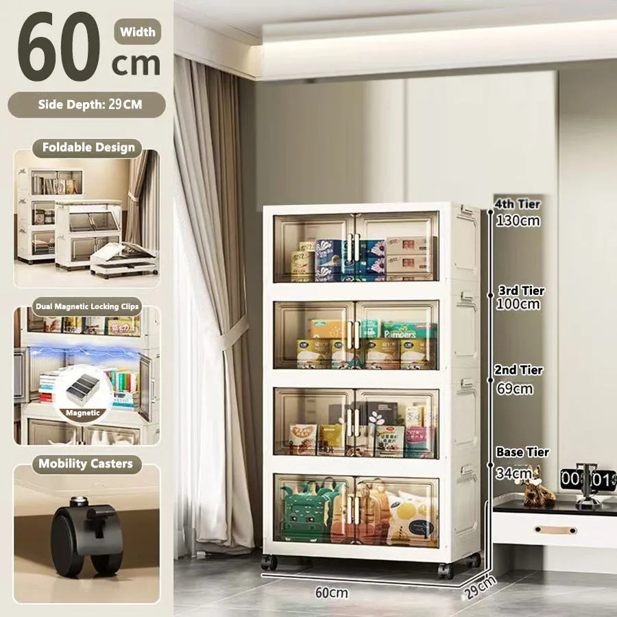 meuble rangement modulable blanc roulettes portes transparentes rayures verticales modernes