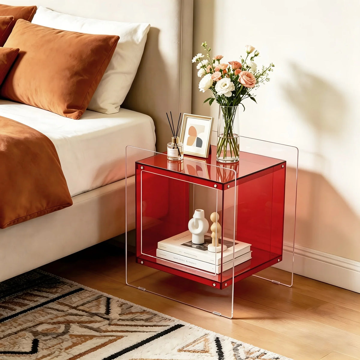 table d'appoint moderne transparente rouge orange carree minimaliste maison chambre salon