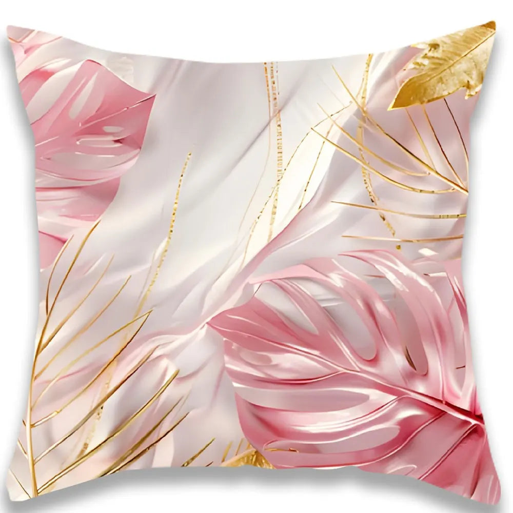 housse coussin tissu plumes stylisées rose pâle beige doré contemporain 45x45cm fermeture glissière decoration