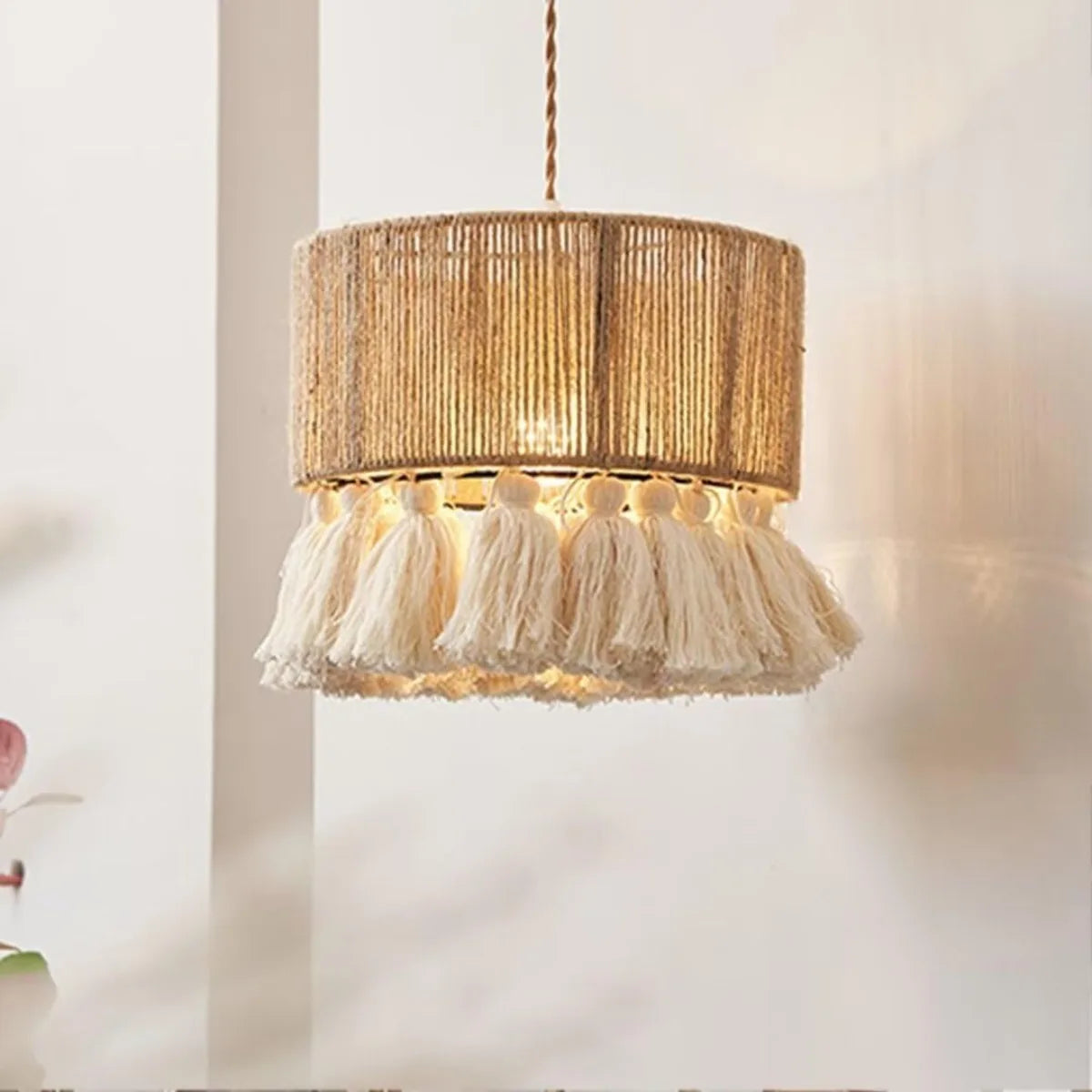 lampe suspendue tissu tressé boho chic beige doré franges blanches 40cm 50cm 60cm