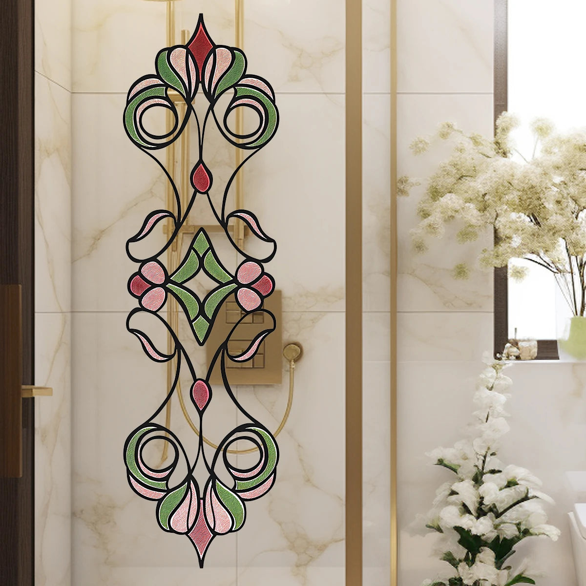 décoration murale adhésive art nouveau floral stylisé vert rose noir