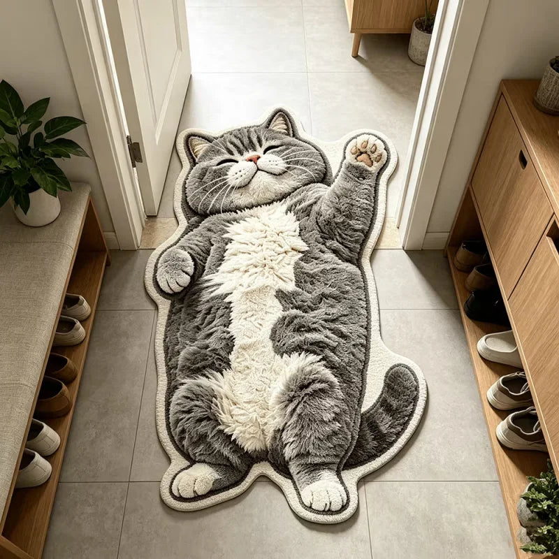 tapis sol pelucheux motif chat allongé gris blanc doux chambre enfant entrée