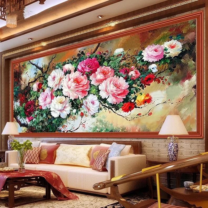 tableau peinture l'huile floral fleurs roses rouges blanches fond vert cadre noir coton 100x55cm