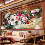 tableau peinture l'huile floral fleurs roses rouges blanches fond vert cadre noir coton 100x55cm