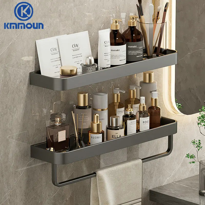 étagère murale moderne étagère salle bain aluminium gris laquée fixations adhésives serviettes cosmétiques minimaliste