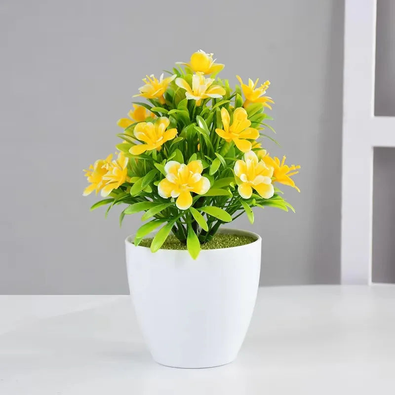 plantes artificielles bonsaï violettes rouges jaunes blanches pot blanc mousse verte décoration moderne extérieur