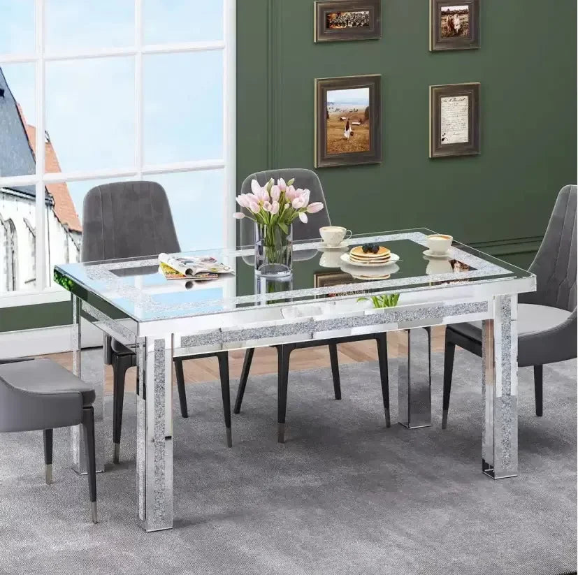 table salle manger moderne verre argenté décoration brillante bling bling