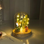 bouquet lumineux fleurs cloche verre blanc vert base bois moderne décoration intérieure saint valentin