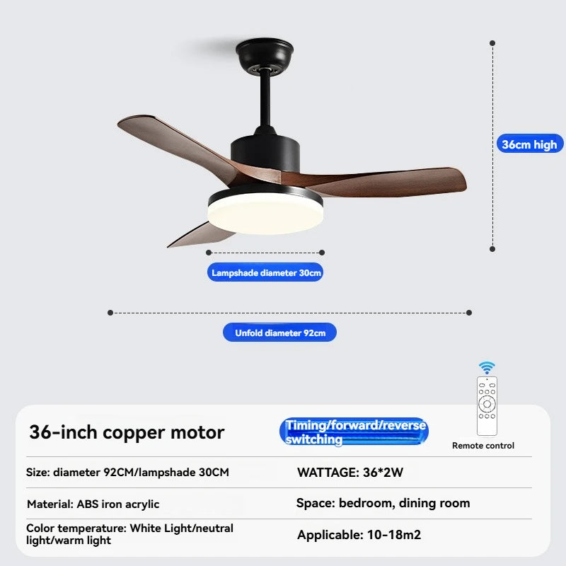 ventilateur moderne noir bois lampe led télécommande flux lumineux haute performance