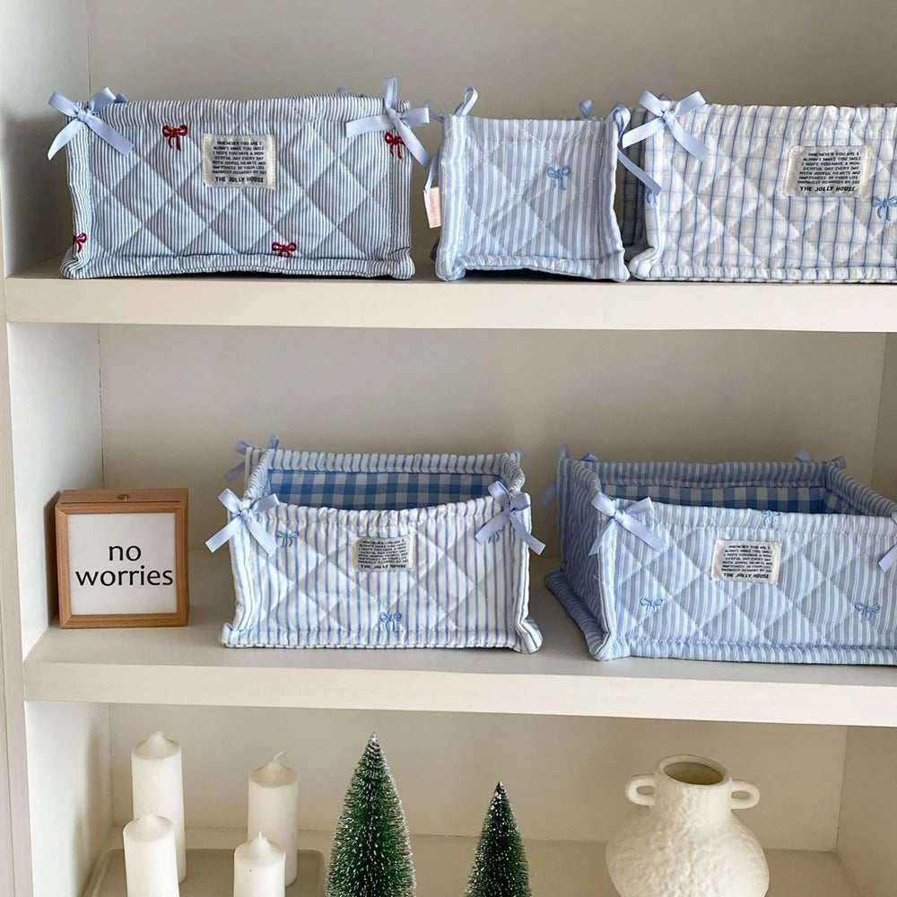 panier rangement tissu polyestère bleu clair rayures horizontales pliable utilisation multiple moderne décoratif rubans
