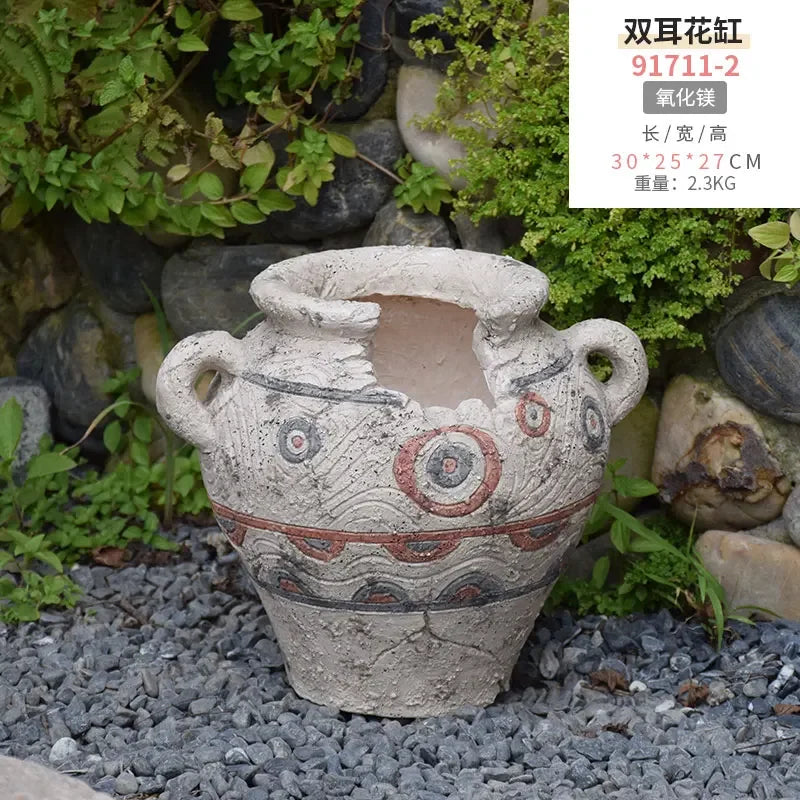 pots fleurs vintage gris motifs géométriques rustiques plantes artificielles cour jardin decoration