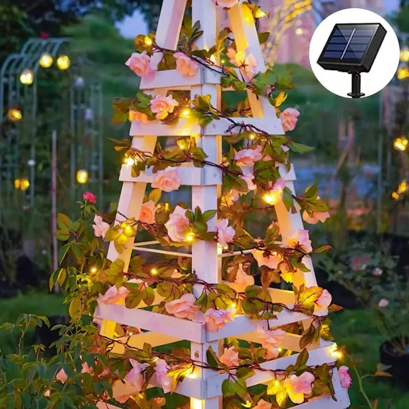 guirlande lumineuse fleurs artificielles rose blanc vert moderne clips solaireextérieurintérieur