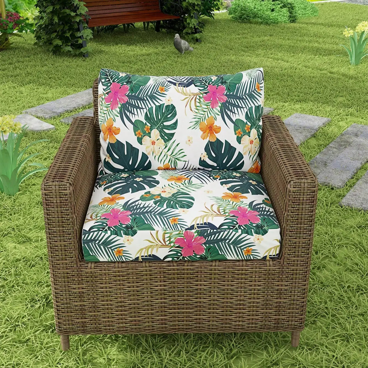 coussin canapé extérieur feuilles tropicales blanc vert orange rose moderne