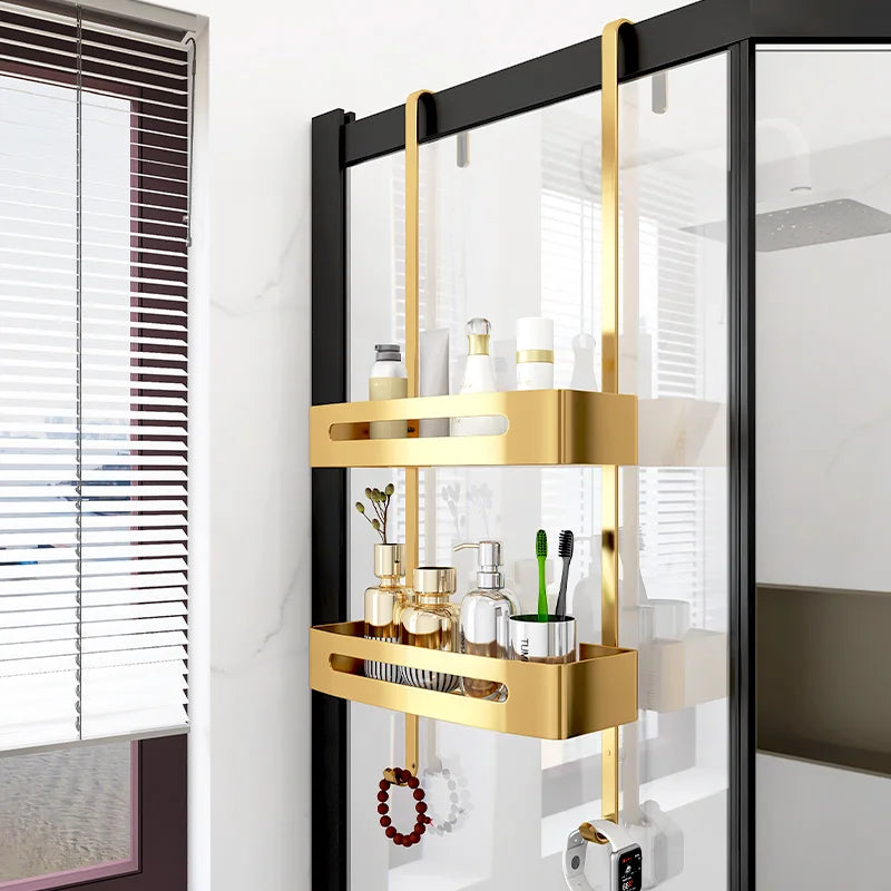 étagère salle bain or moderne adhésive métal aluminium lisse cosmétique brosses bouteilles