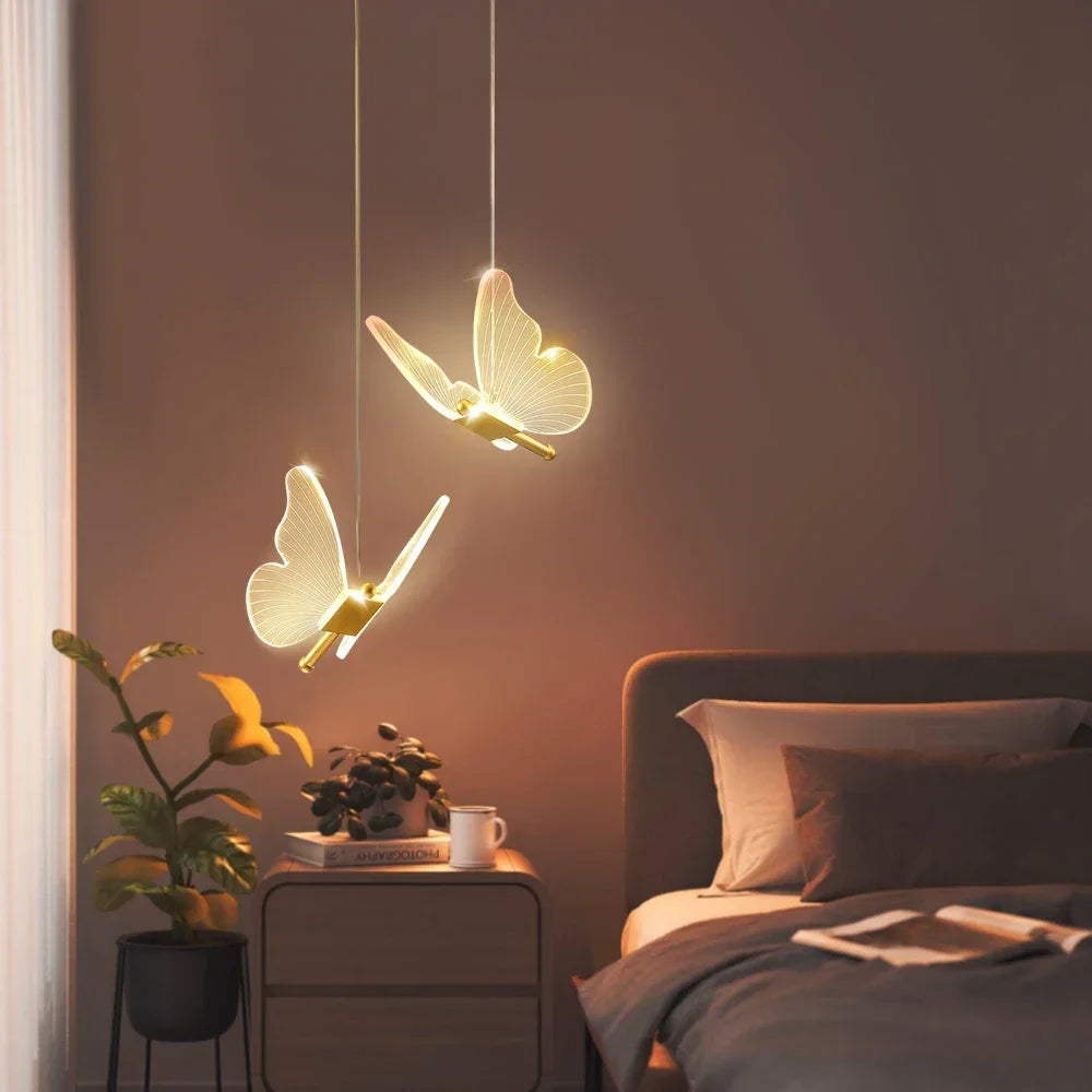 suspension lumineuse moderne or papillon translucide salon chambre étude hall double têtes