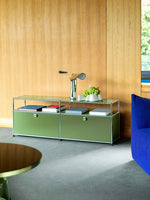 meuble rangement moderne orange bleu clair plateaux transparents poignées métalliques