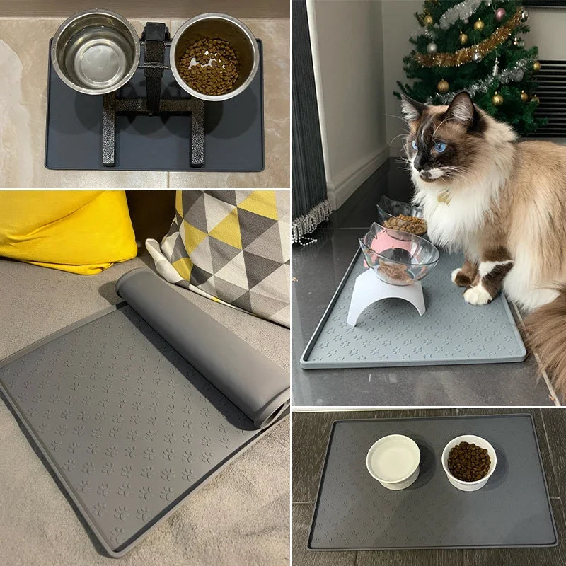 tapis nourriture animal imprimé pattes gris moderne opacité 80x60cm 60x46cm 40x30cm 29.5x18cm