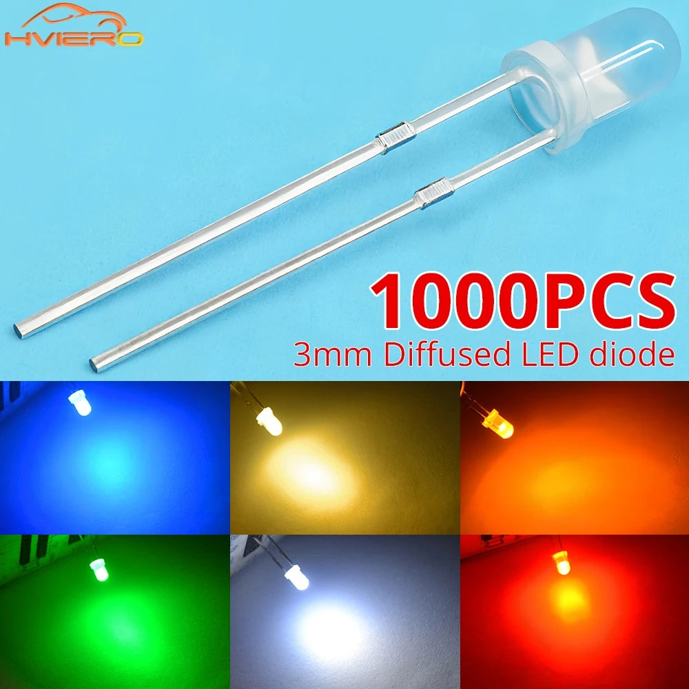 Diodes led 3mm bleu vert rouge blanc chaud jaune diffuses 1000pcs nouvelle