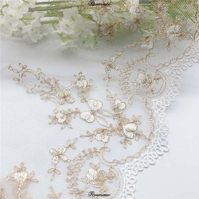 tissu dentelle fleurs feuilles blanc doré élégant classique polyester translucide haut qualité