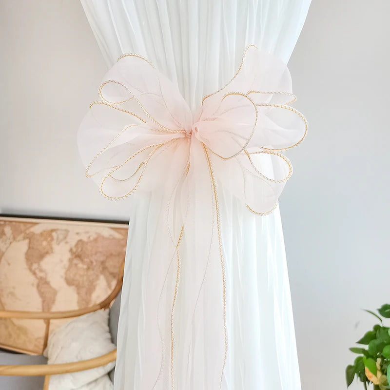 rideau fenêtre transparent rubans décoratifs nœuds dorées élégants maison vintageclair rose blanc