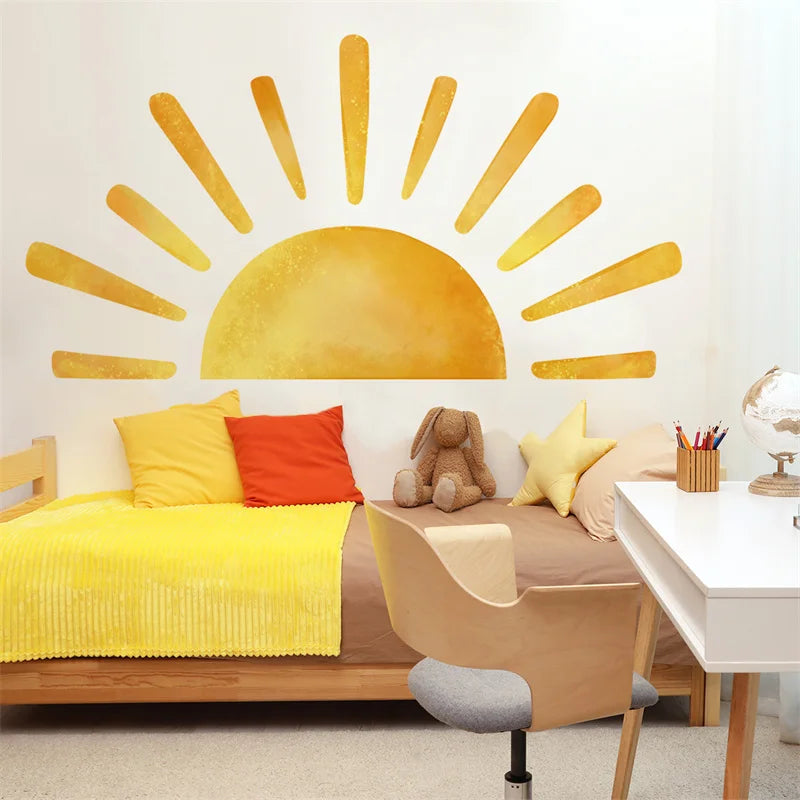 sticker mural moderne rayons solaires or jaune décoration chambre enfants Boho aquarelle autocollant vinyle