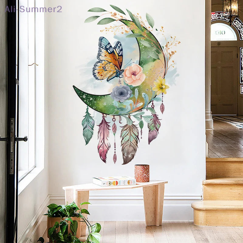 sticker mural boho chic floral papillons multicolore vert bleu rose facile installer opaque