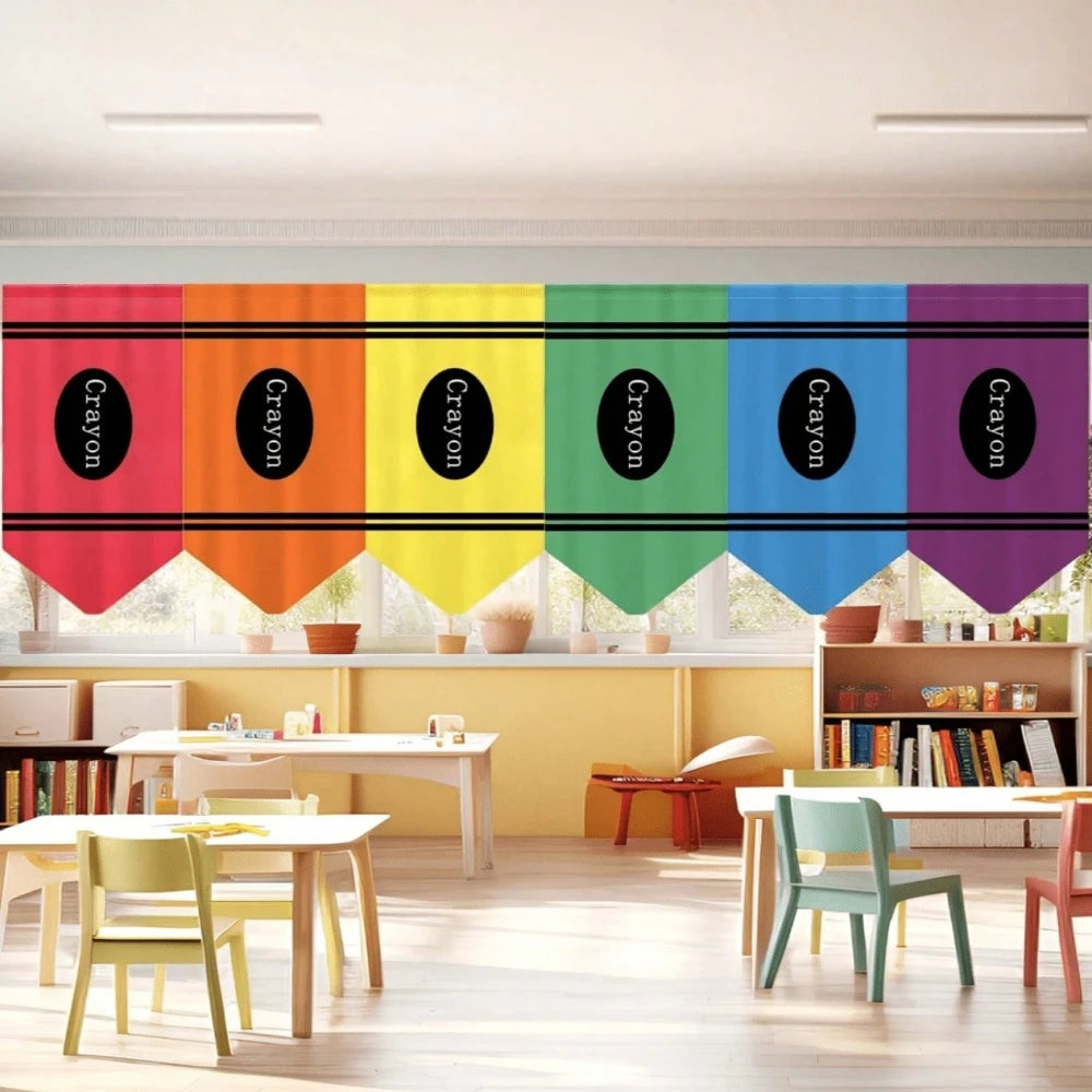 rideaux polyester crayon motif anniversaire retour école moderne enfantin jaune rose blanc