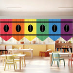 rideaux polyester crayon motif anniversaire retour école moderne enfantin jaune rose blanc