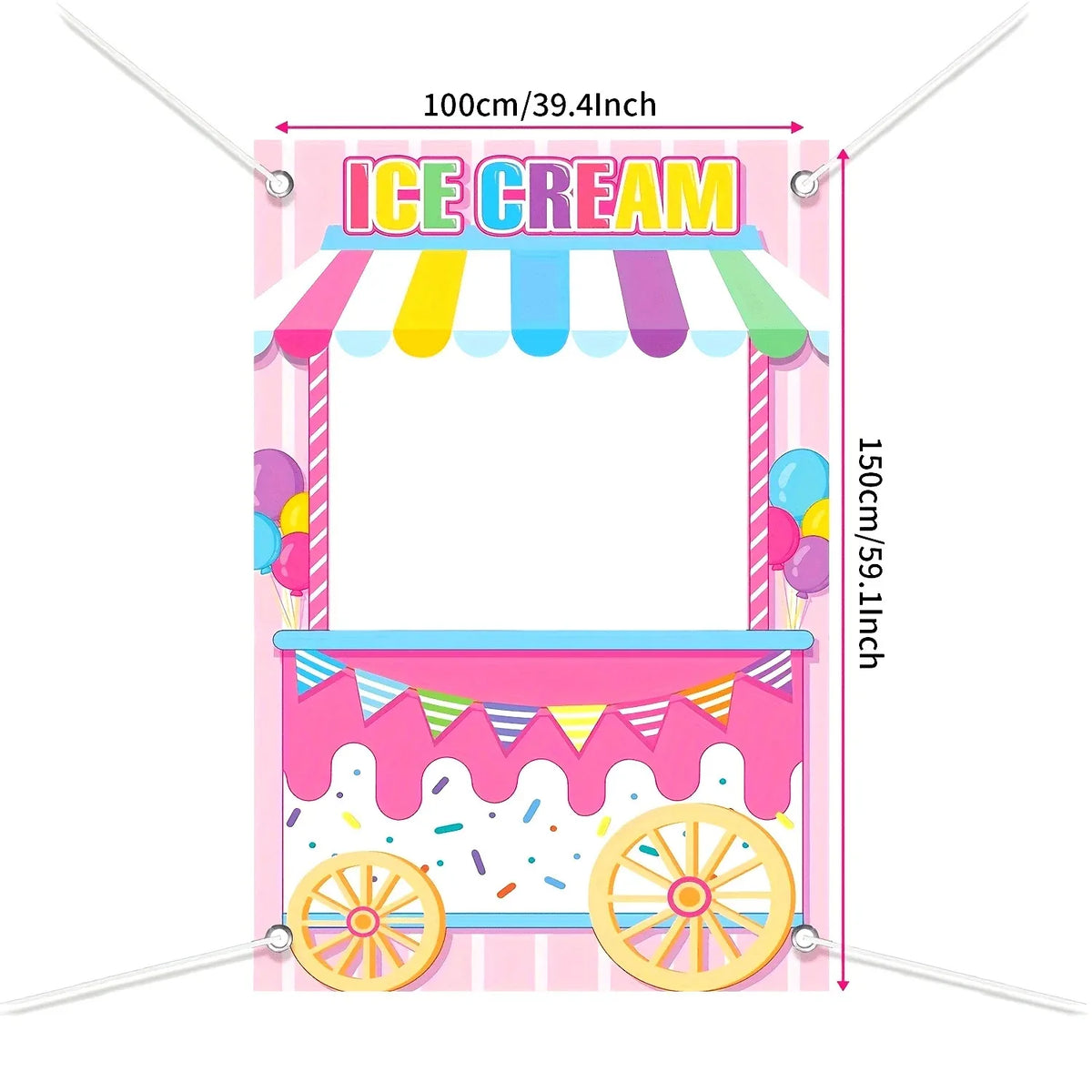 cadre photo anniversaire ice cream rayures confettis guirlande roues chariot enfantin decorations bannières
