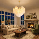 chandelier moderne or opalescent lumière blanche chaîne suspension élégante chambre salon