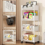 rack rangement multifonctionnel 360° rotatif blanc moderne crochets latéraux roulettes universelles respectueux l'environnement
