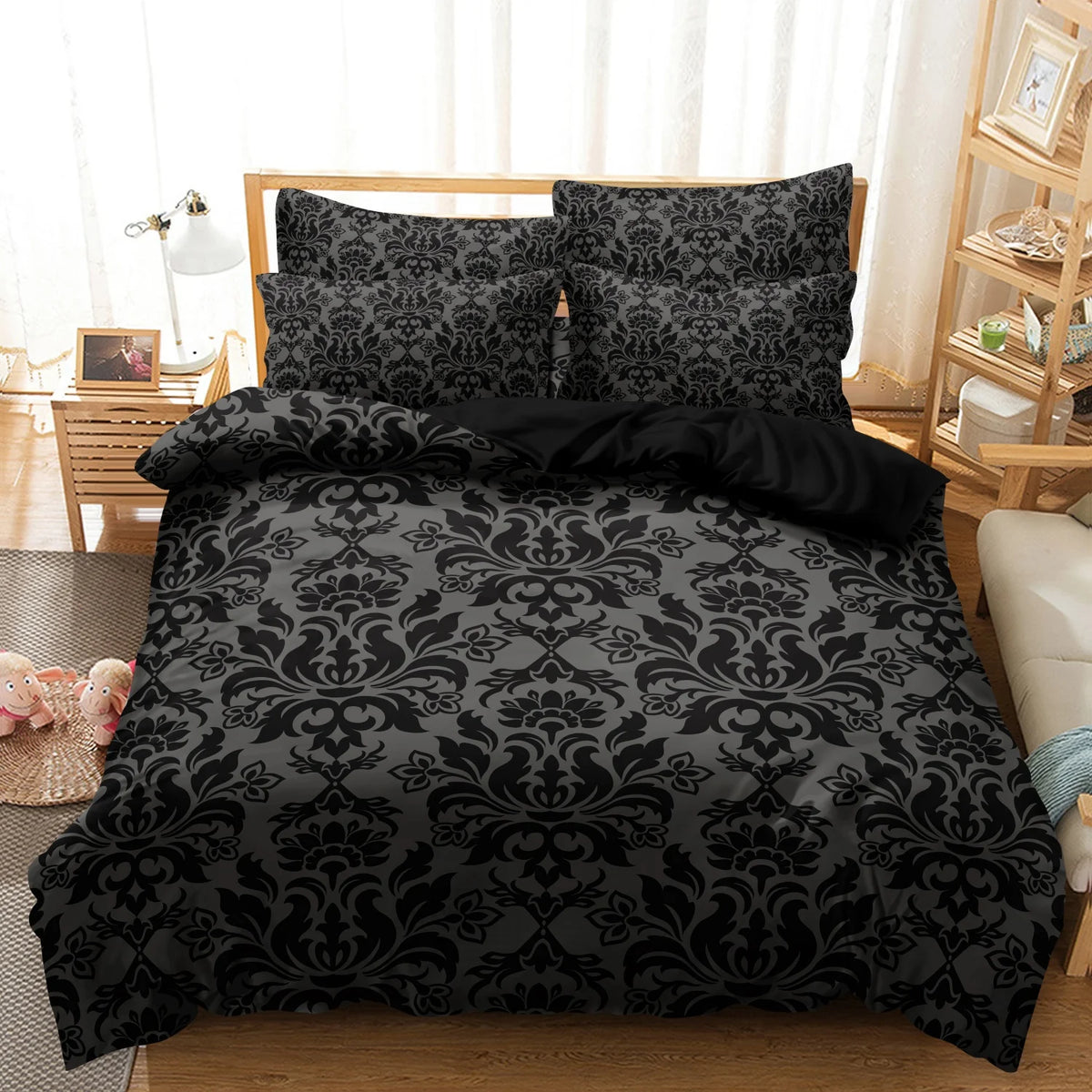 ensemble literie moderne pièces noir gris motifs floraux complexe satiné gothique