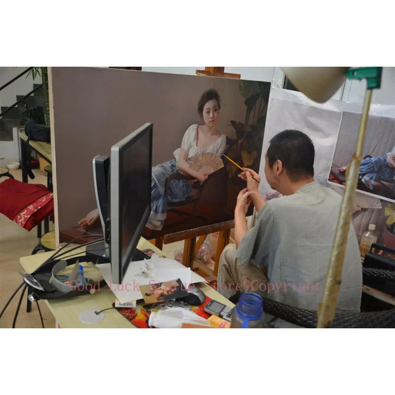 peinture l'huile personnalisable toile main grande femme éventail fauteuil artiste chevalet pinceaux lumière projection