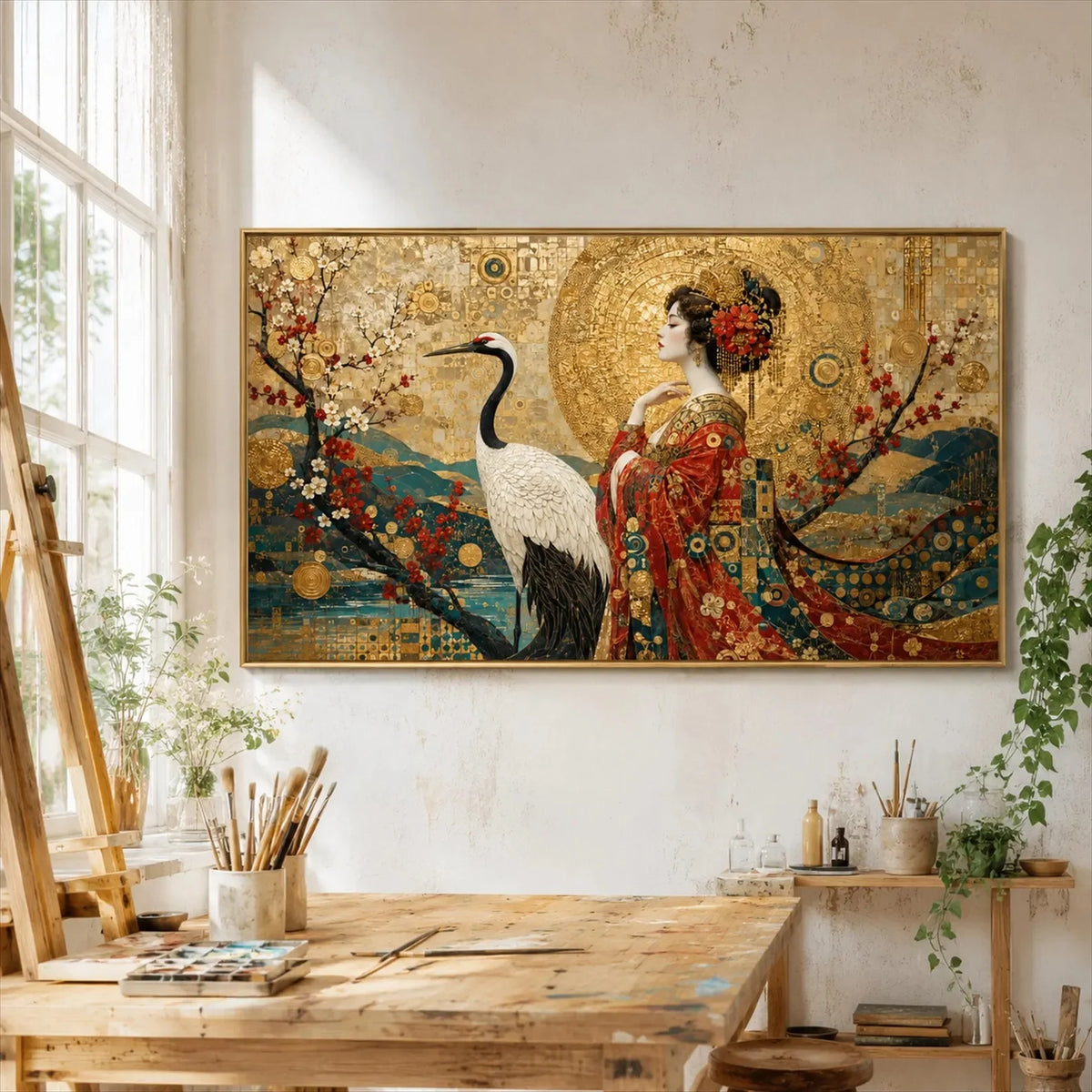 tableau toile paysage japonais geisha grue rouge fleurs cerisier or décoration salon horizontal huile