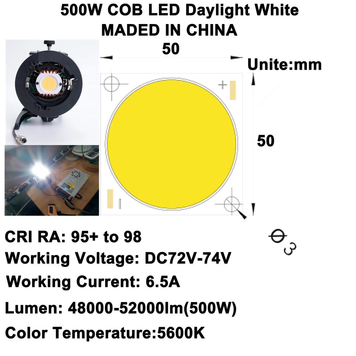 source led cob blanc 5600k 97 ra 48000lm 50x50mm moderne haute puissance diámetro carcaza
