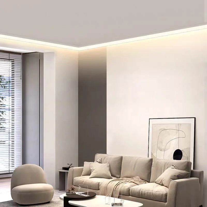 profilé aluminium led cornière éclairage linéaire cuisine salon plinthe moderne blanc noir