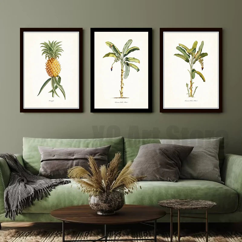 affiche botanique vintage tropicale ananas palmier décoration murale salon toile cadre noir vert