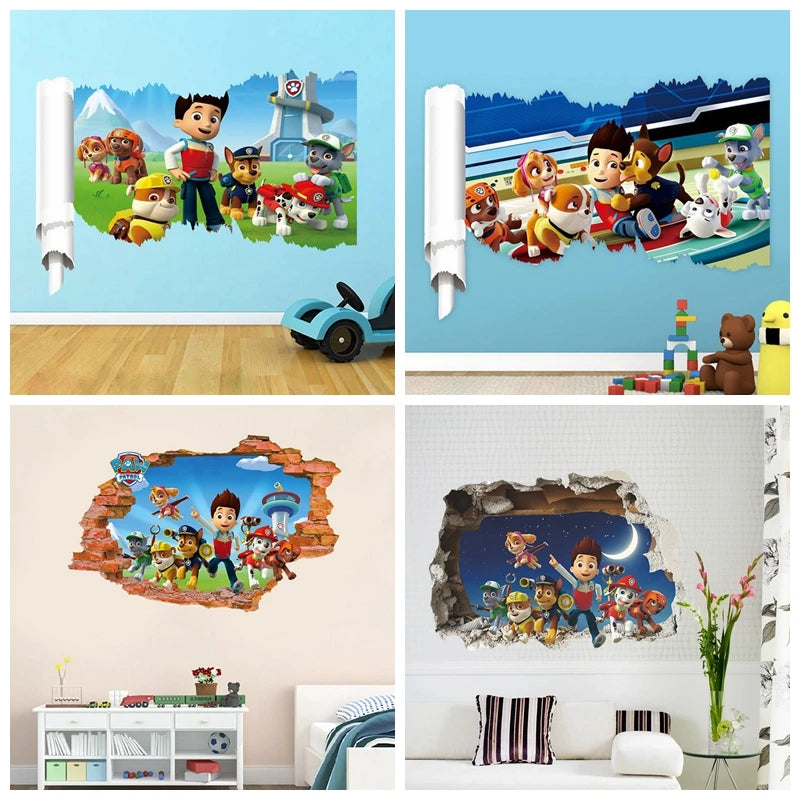 stickers muraux 3d pat'patrouille dessins animés personnages enfants bleu rouge orange