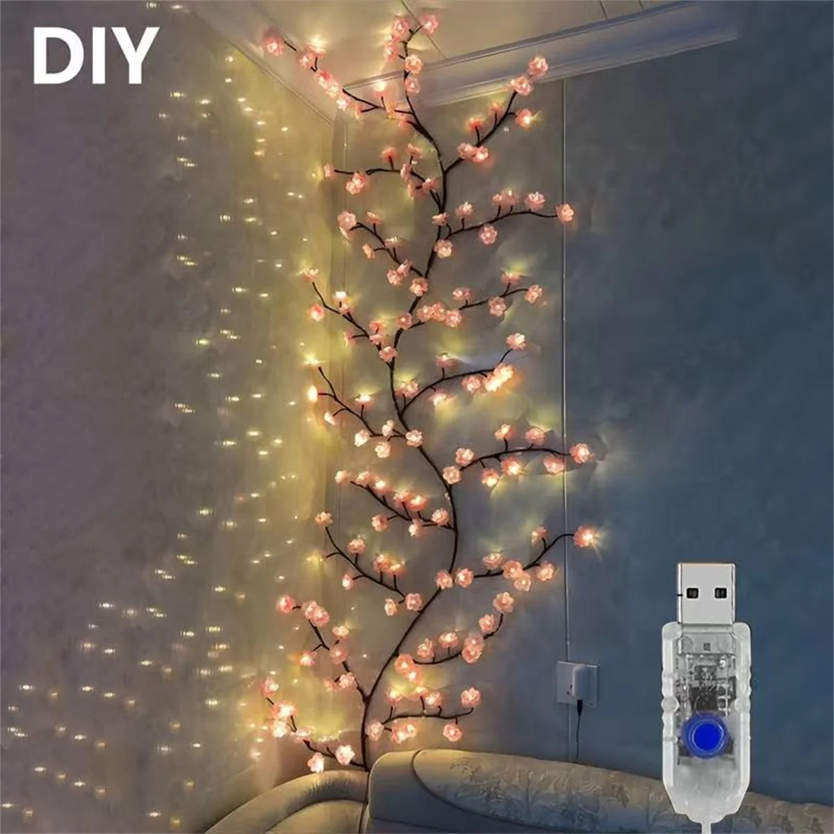 guirlande lumineuse fleurs cerisier rose noir branches modernes adhésives 72 led usb