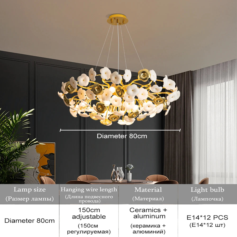 Suspension lumineuse contemporaine dorée fleurs stylisées salon chambre d'hôtel led sources lumière