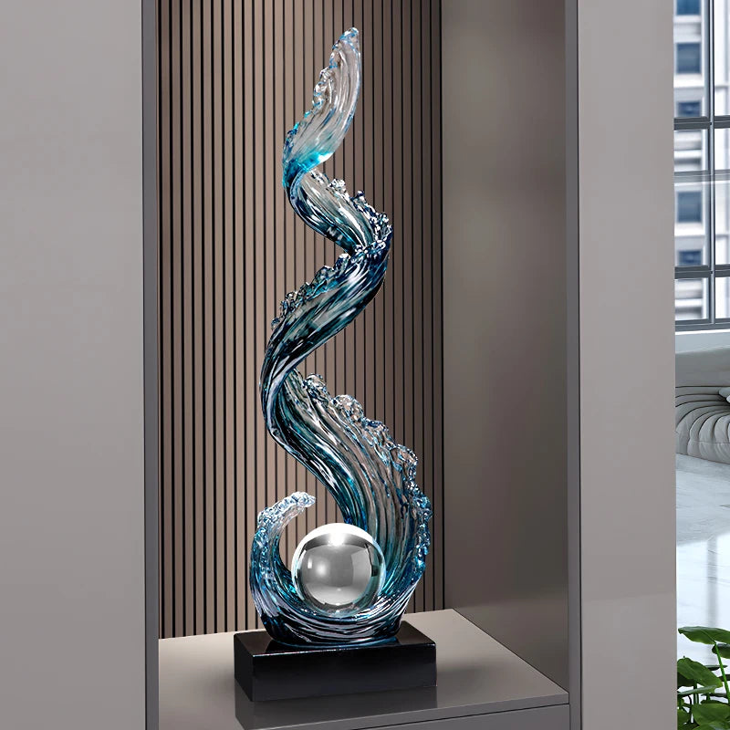sculpture résine bleue vague moderne décoration intérieure entrée salon cadeau anniversaire nouvel an