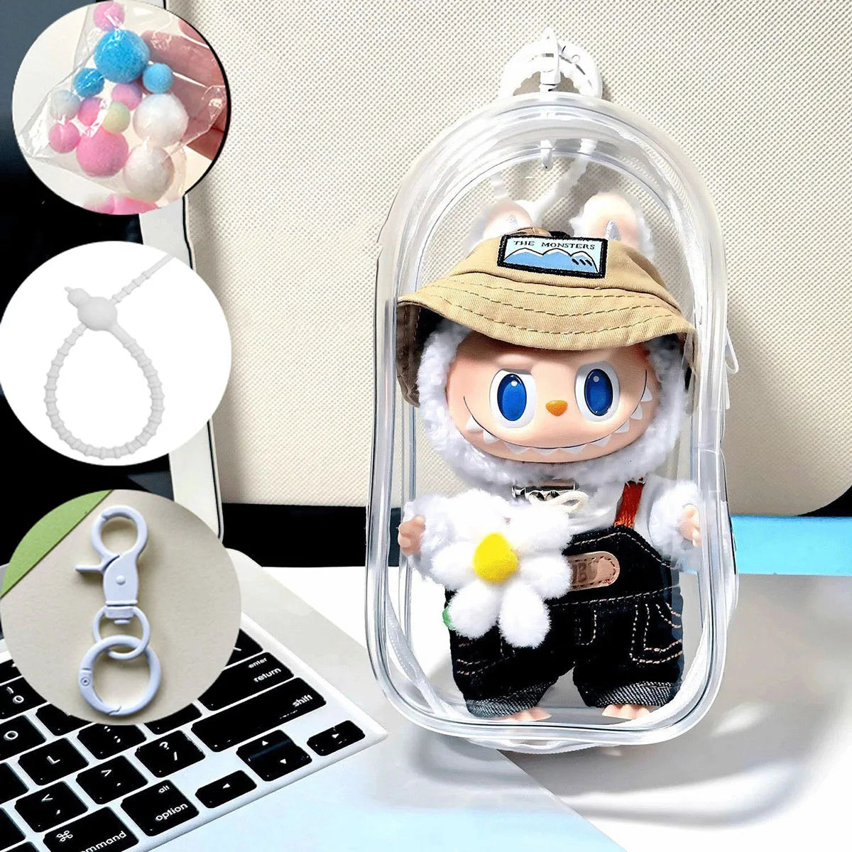 sac main transparent moderne chaîne métallique personnage peluche pompons colorés tendance adulte fille garçon