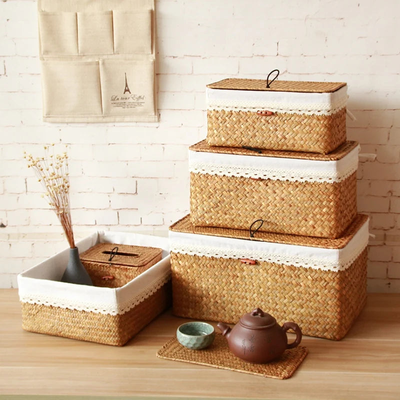 paniers paille naturels panier couvercle poignées métalliques boho chic rustique salon