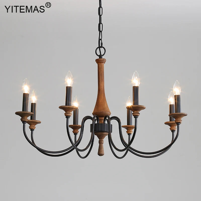 lustre bois vintage noir ampoules e14 cinq bras salon chambre coucher rustique