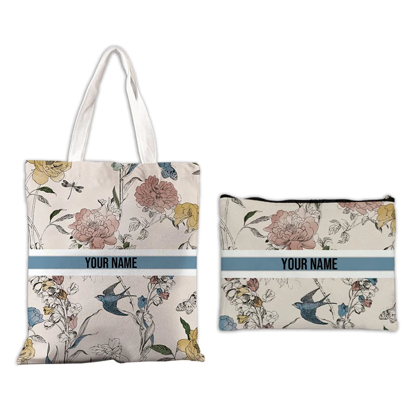 sac main toile noire fleurs blanches pochette géométrique motif blanc personnalisation prénom bandoulièreversible organiser